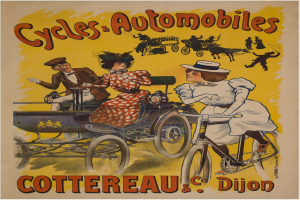 Ein Vintage-Plakat bewirbt Fahrräder und Automobile in Cottereau und Dijon, Frankreich, mit Menschen auf Fahrrädern und einer horse-drawn carriage mit der Aufschrift "Fahrräder und Automobile" oben.