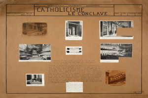 Ein Buch mit Bildern und Texten, die die Geschichte der katholischen Kirche dokumentieren, einschließlich Bilder von ihren Räumen, Fluren und konservierten Artefakten.