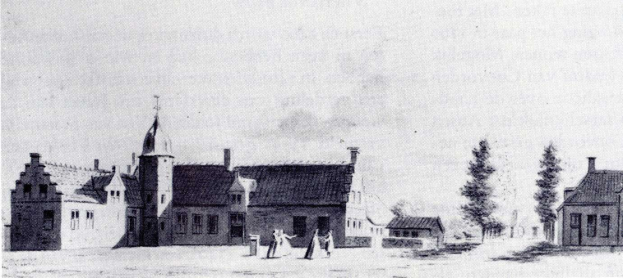 Schwarz-weiß-Zeichnung einer Stadtstraße mit einer Kirche im Hintergrund, umgeben von Gebäuden, Bäumen und Menschen, mit der Beschriftung "Die Kirche der Heiligen Dreifaltigkeit in Den Haag, Niederlande" unten.