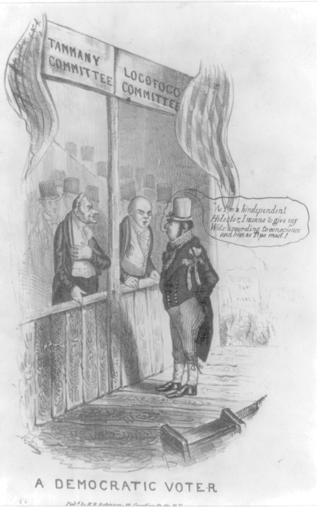 Ein Mann im Anzug steht selbstbewusst vor einer Tür, die mit "Ein demokratischer Wähler" beschriftet ist und sieht entschlossen aus.