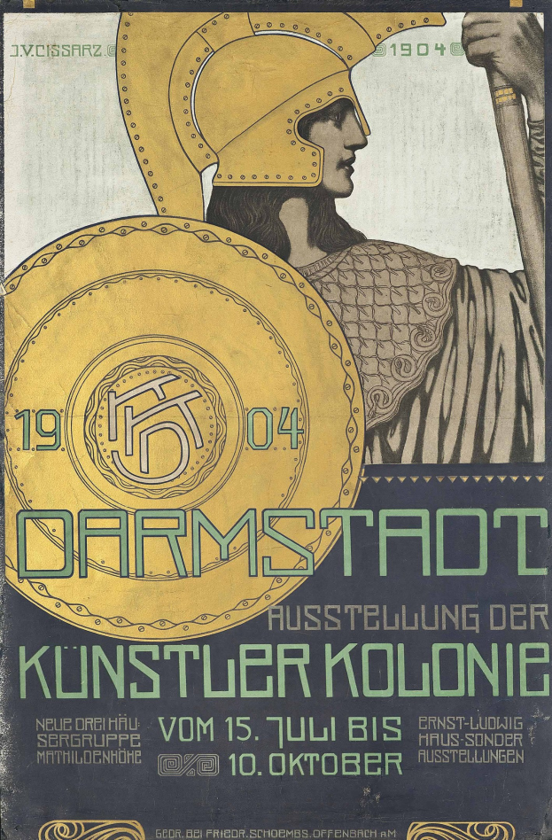 Plakat für ein 1904er Berlin-Konzert mit einem Helmbekleideten, der ein Schild hält, mit fetter Schrift «Darmstadt» und «Kuenstler Kolonie».