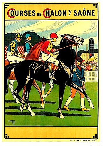 Plakat, das ein Pferderennen mit Jockeys auf Pferden, einer Zuschauermenge hinter einer Absperrung, Bäumen und einem bewölkten Himmel zeigt, mit Text über die Rennstrecken.