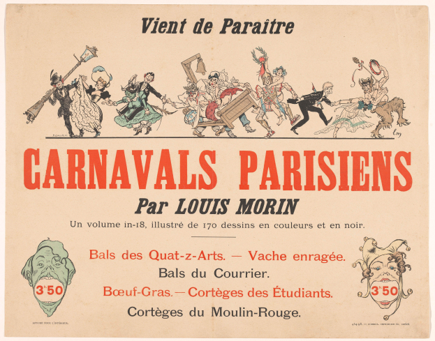 Ein Blatt mit der Überschrift "Carnivals Parisiens par Louis Morin" in fetter Schrift, das farbenfrohe Illustrationen von Menschen in bunten Kostümen und Masken bei einem lebhaften Karnevalszenario zeigt.