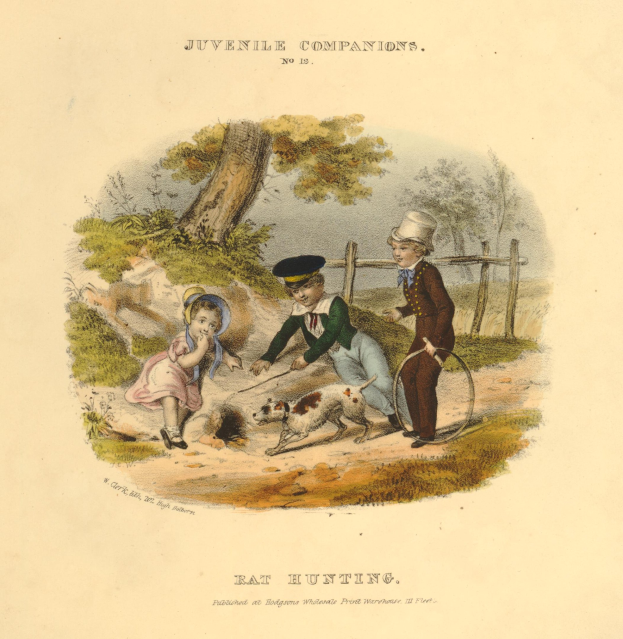 Eine Zeichnung von drei Kindern, die mit einem Hund in einem Park spielen, umgeben von Bäumen, Pflanzen und einem Zaun, mit Text unten.