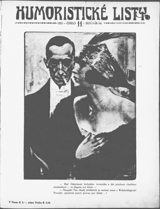 Schwarz-weißes Magazin-Cover mit der Aufschrift 'Humoristische Liste', das einen Mann in einem Anzug mit ernster Miene und eine Frau zeigt, die wegschaut und leicht schmunzelt.