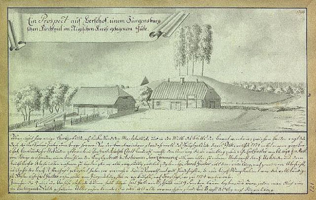 Altes Dokument mit der Bezeichnung "Surgensburg, Deutschland - Landschaft eines Hofes" mit einer Zeichnung eines Hofes in der Mitte umgeben von Häusern, Bäumen und einem Himmel.