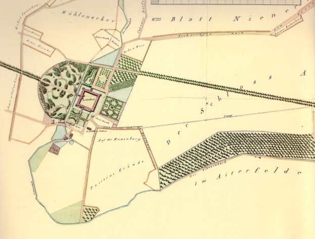 Alte detaillierte Karte von Berlin, Deutschland, mit einer zentralen Illustration eines Gebäudes, das Straßen, Gebäude und Sehenswürdigkeiten zeigt.