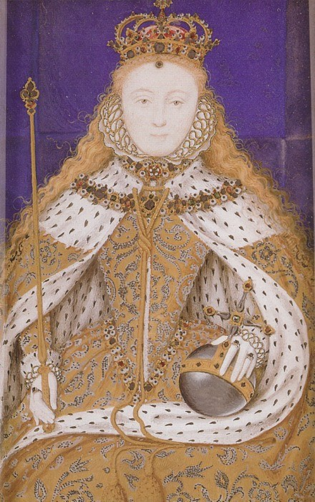 Gemälde der Queen Elizabeth I. von England in königlicher Kleidung, mit einer Krone und einem Zepter, mit einem würdevollen Gesichtsausdruck und ordentlich frisiertem Haar.