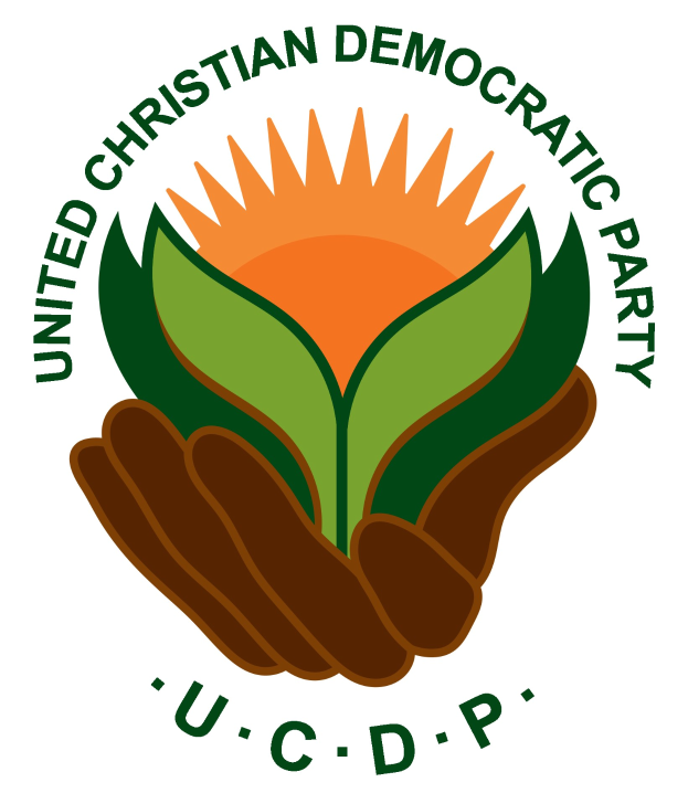 Logo der Vereinigten Christdemokraten (UCDP): eine Hand, die eine leuchtend gelbe Blume mit grünem Stiel und Blättern hält, zentriert innerhalb eines blauen und gelben Kreises auf einem weißen Hintergrund, mit der Schrift "UCDP" in fetter schwarzer Schrift darunter.