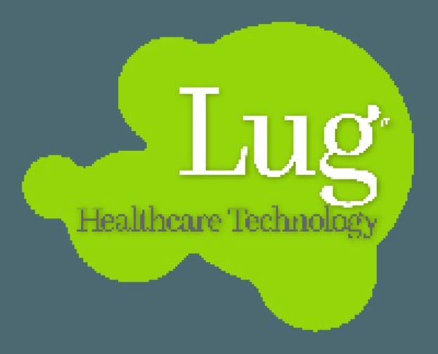 Logo von Lug Healthcare Technology mit fettem schwarzen Text in der Mitte auf einem weißen Hintergrund, umgeben von einem blauen Kreis mit weißer Umrandung.