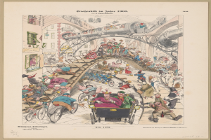 Ein altes Buch mit einer Zeichnung einer aufgeregten Menge an einem Bahnhof von 1900, umgeben von einem Photo-Rahmen, mit der Aufschrift "Straßenbild im Jahre 1900" auf der Seite.