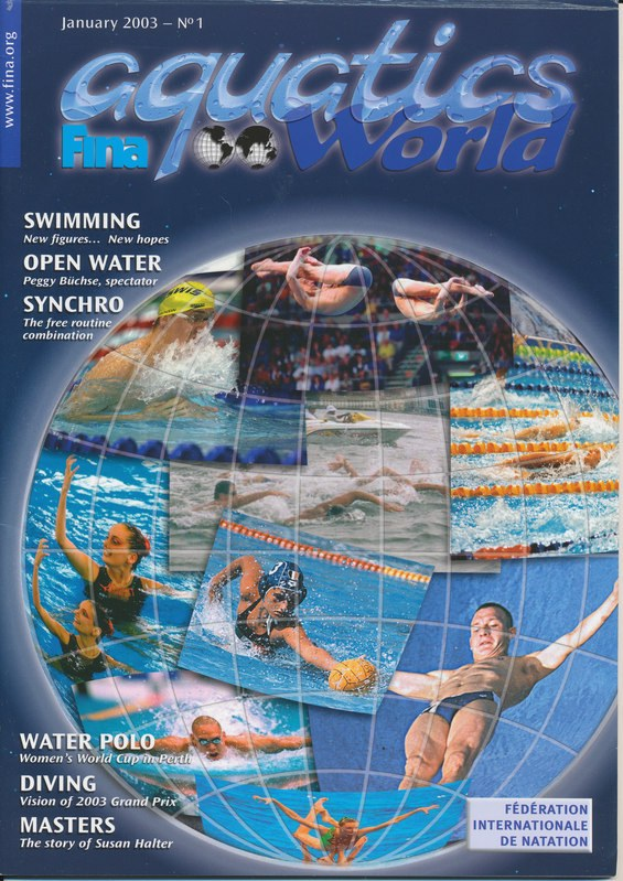 Titelbild der Januarausgabe 2003 des Aquatics FINA World Magazins, das Synchronschwimmer in Bewegung unter einem hellblauen Himmel zeigt.