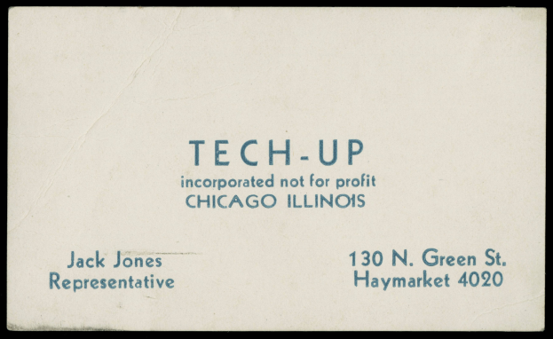 Businesscard mit dem Text "tech-up incorporated not for profit" auf schwarzem Hintergrund.