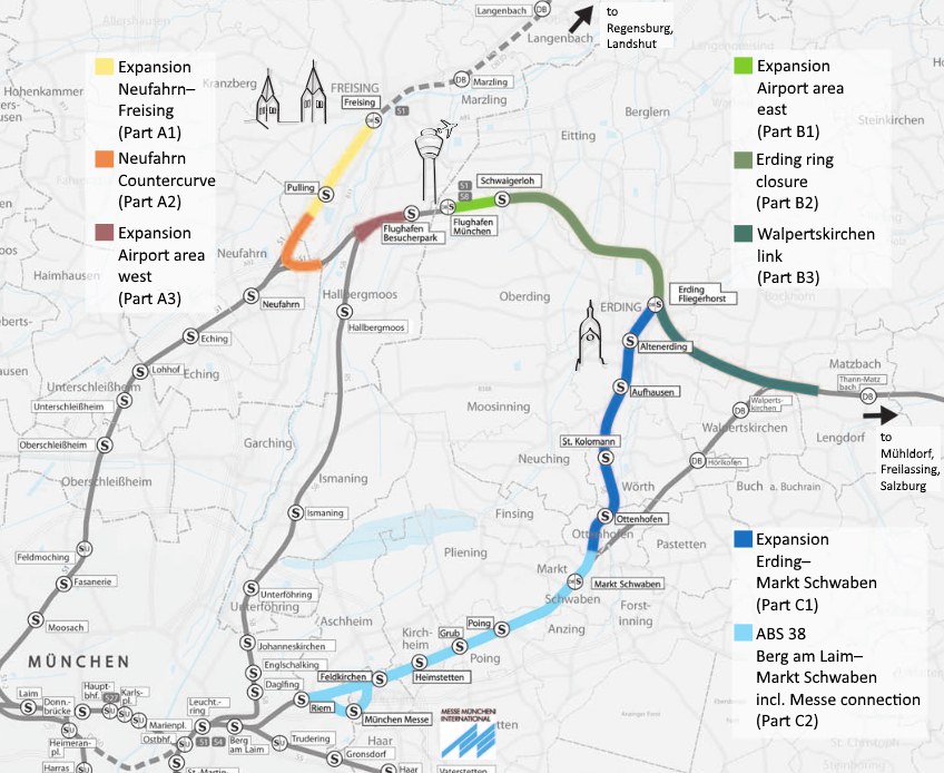 Eine detaillierte Karte einer Stadt mit einer hervorgehobenen Zugroute von München nach Frankfurt, einschließlich Haltestellen, Umgebung und zusätzlichen Zuginformationen.