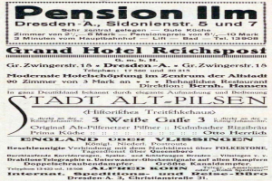 Schwarz-weiß-Anzeige für die Pensions-Inn in Dresden, Deutschland.