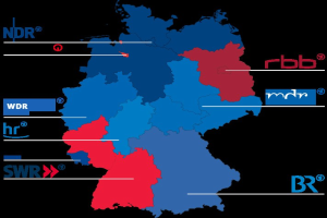 Eine Deutschlandkarte mit Bundesländern in Rot und Blau, um die Ergebnisse der Wahl 2016 anzuzeigen, einschließlich der Namen der Kandidaten und weiterer Wahl-details.