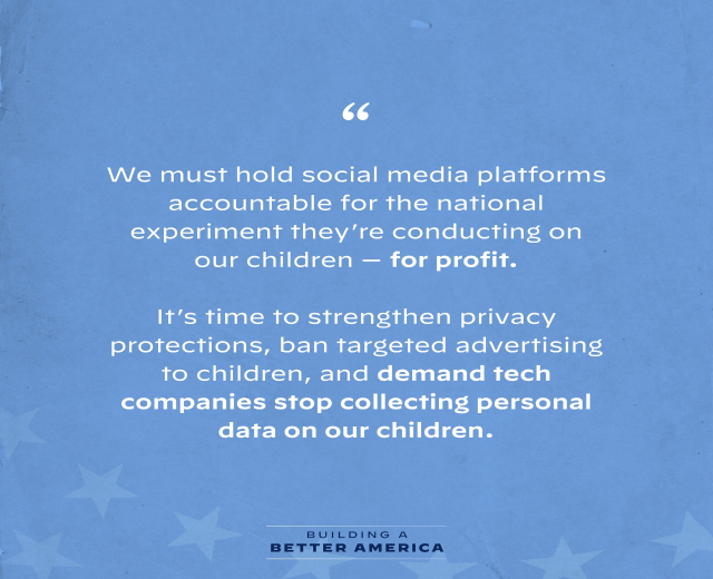 Plakat mit einem Zitat aus Building a Better America, das die Verantwortung von Social-Media-Plattformen für Experimente an Kindern für Gewinne fordert, verziert mit Sternen.