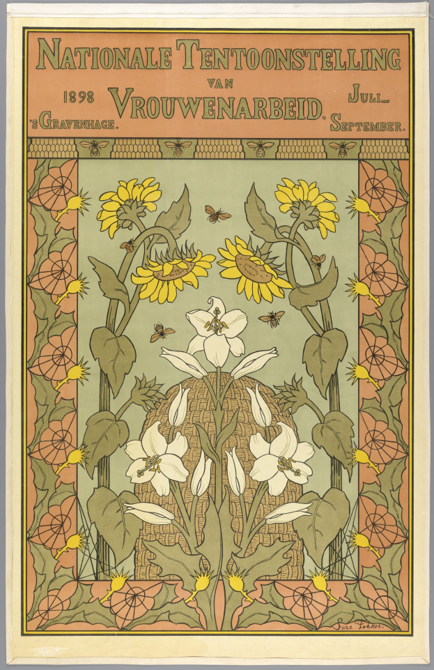 Ein Plakat für die Nationale Tentoonstelling in Vrouwenarbeid in den Niederlanden, das eine symmetrische Anordnung von farbenfrohen Blumen und Blättern in Gelb, Pink und Lila mit schwarzer, fetter Schrift zeigt.