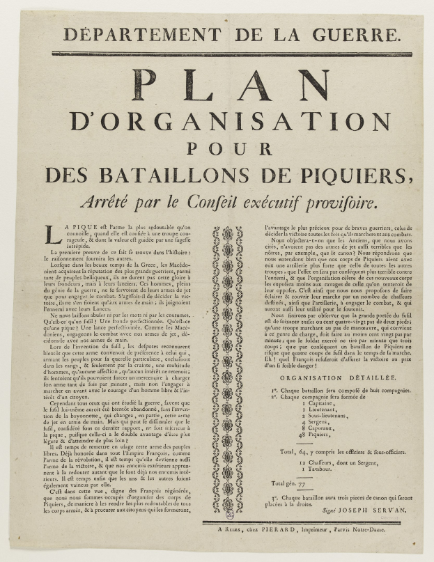 Ein historisches Dokument mit dem Titel "Plan d'Organisation pour des Bataillons de Piquiers, Arreté par le Conseil Executif Provifoire", das einen Plan für die Schlacht von Piquier enthält.
