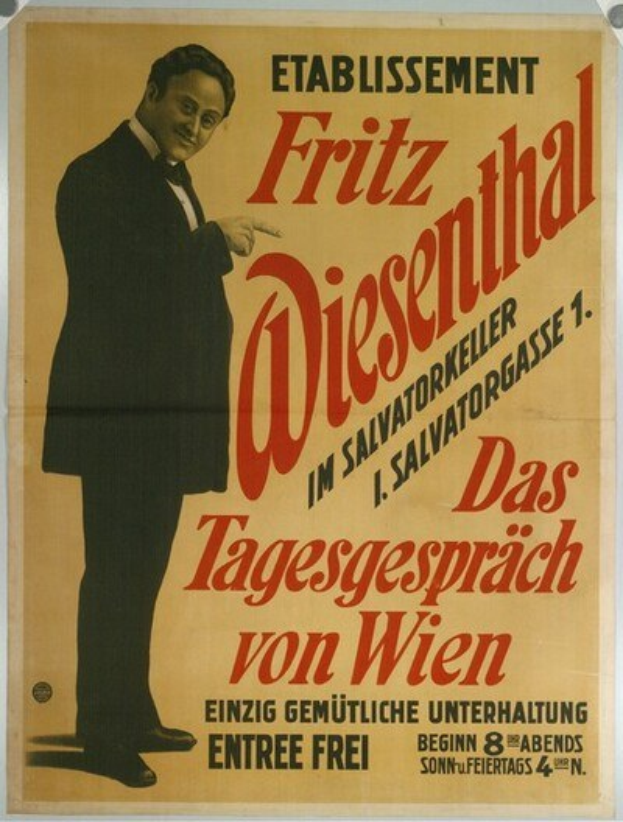 Schwarzes und weißes Plakat von Fritz Diesenthal, einem deutschen Komponisten, in einem schwarzen Anzug und weißem Hemd mit zurückgekämmtem Haar, der ernst in die Kamera schaut.