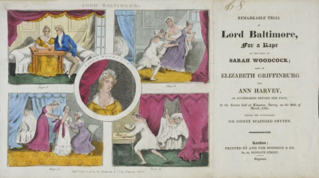 Ein historisches Dokumentenbild, das ein Blatt Papier mit Porträts, Vorhängen und Text zeigt, der sich auf einen Vergewaltigungsprozess gegen Lord Baltimore, Sarah Woodcock und Elizabeth Griffinburg bezieht.