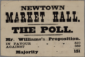 Papier mit handgeschriebener Textzeile 'Newtown Market Hall, die Abstimmung, Mr. Williams' Vorschlag für die Mehrheit'.