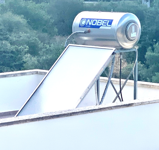 Solarwassererwärmer auf dem Dach eines Gebäudes mit einem angebauten Speichertank, vor einem Hintergrund von Bäumen.