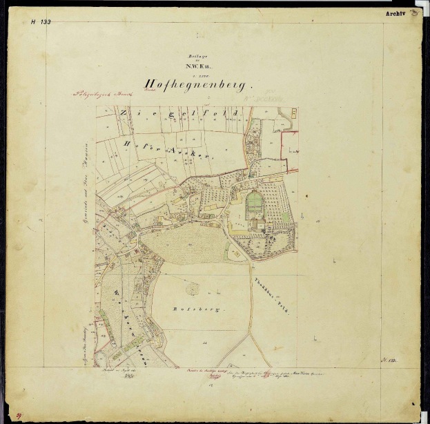 Schwarzumrandete alte Karte von Hofhegenberg, Deutschland, zeigt Straßen, Gebäude und Sehenswürdigkeiten.