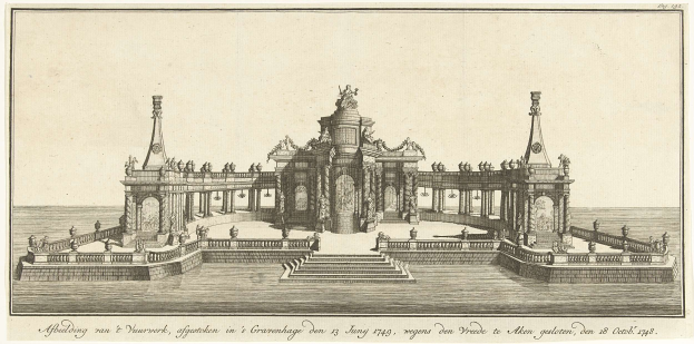 Historisches Bild einer Brunnenanlage in einem Gewässer, umgeben von Skulpturen, Treppen und Geländern, mit einer Inschrift am unteren Rand vom 13. Juni 1749.