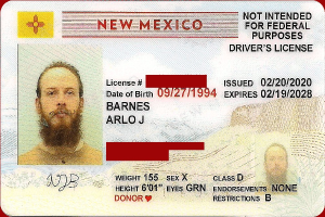 Führerschein aus New Mexico mit einem Mannsbild, persönlichen Details und Identifikationsnummern.