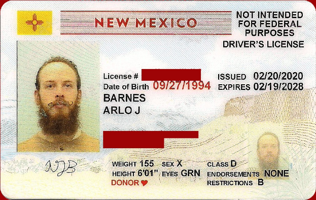 Führerschein aus New Mexico mit einem Mannsbild, persönlichen Details und Identifikationsnummern.