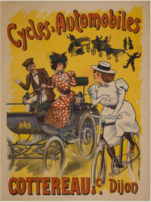 Plakat, das Fahrräder und Automobile in Cottereau und Dijon, Frankreich, zeigt, mit Menschen, die Fahrräder fahren und einer Kutsche, und dem Text "Fahrräder und Automobile" oben drauf.