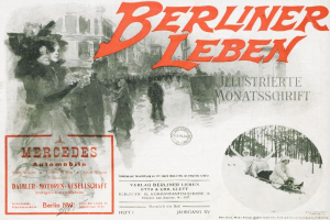 Eine Werbung für einen Mercedes-Benz Wagen in Berlin, Deutschland, mit einer Gruppe von Menschen, Bäumen, Gebäuden, Text und einem Stempel.