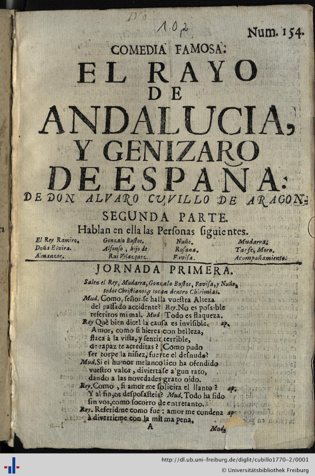 Offenes Buch mit der Aufschrift 'El Rayo de Andalucia y Genizar de España' in fetter schwarzer Schrift auf vergilbten Seiten, wahrscheinlich eine Sammlung von Komödien.