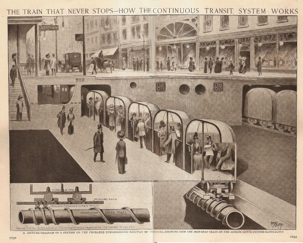 Ein Bild mit Fotos von Menschen, Zügen und anderen Gegenständen sowie einem Text mit der Überschrift "Der Zug, der nie hält - wie das kontinuierliche Transit-System funktioniert".
