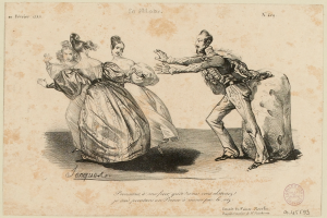 Eine Zeichnung von drei tanzenden Menschen auf einer Bühne: Ein Mann in einem langen, wallenden Kleid mit hohem Kragen und langen Ärmeln und zwei Frauen in langen, hellen Kleidern mit detallierten Verzierungen, alle strahlend und scheinbar Spaß habend.