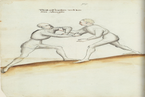 Zwei Männer streiten, einer wirft einen Schlag, steht auf einem Papier mit Text, der die Szene beschreibt.