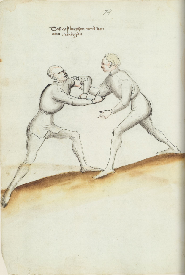 Zwei Männer streiten, einer wirft einen Schlag, steht auf einem Papier mit Text, der die Szene beschreibt.