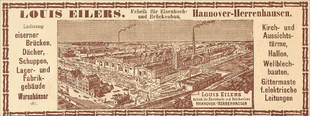 Eine alte Anzeige für die Louis Eilers Hannover-Herrenhausen-Fabrik, die ein Fabrikgebäude mit darübergelegtem Text zeigt.