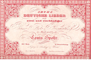 Altes deutsches Aktienzertifikat betitelt "Louis Spohr - Zweites Deutsches Lieder" mit rotem Rand und weißem Hintergrund.