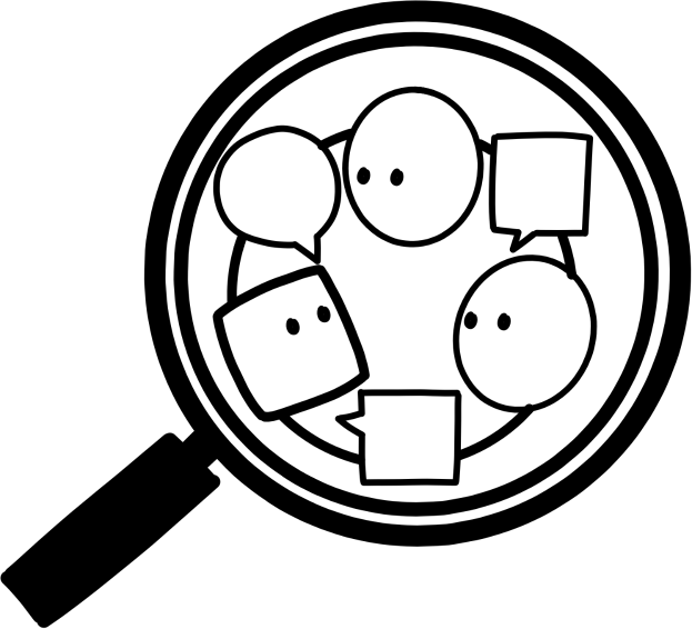 Ein Vergrößerungsglas schwebt über einer Gruppe von karikaturhaft, bunt kolorierten Menschen mit überzeichneten Zügen, jeder mit Sprechblasen, die verschiedene Nachrichten enthalten, was eine lebhafte Diskussion andeutet.