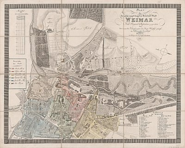Detailiertes altes Stadtplan von Weimar, Deutschland, das Straßen, Gebäude und Sehenswürdigkeiten mit begleitendem Text über Bevölkerung und bemerkenswerte Merkmale zeigt.