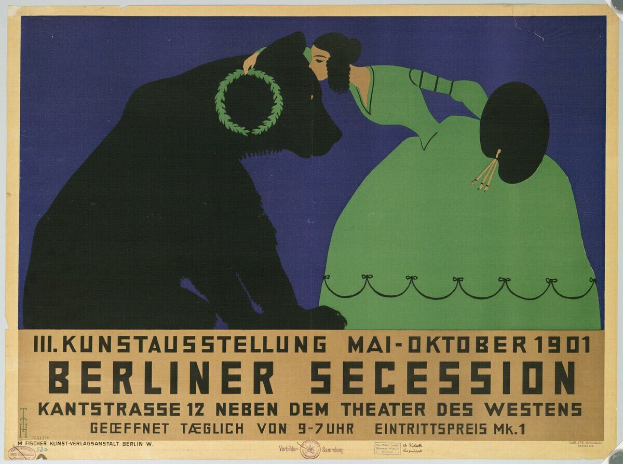Plakat der Berliner Secession mit einer Frau in einem grünen Kleid und einem Mann in einem schwarzen Anzug mit Text, der das Ereignis beschreibt.