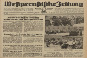 Titelseite einer deutschen Zeitung vom 13. November 1939 mit der Überschrift "Weitpreubliche Zeitung", die eine Gruppe von Menschen in traditioneller deutscher Kleidung zeigt, die feierlich wirkt.