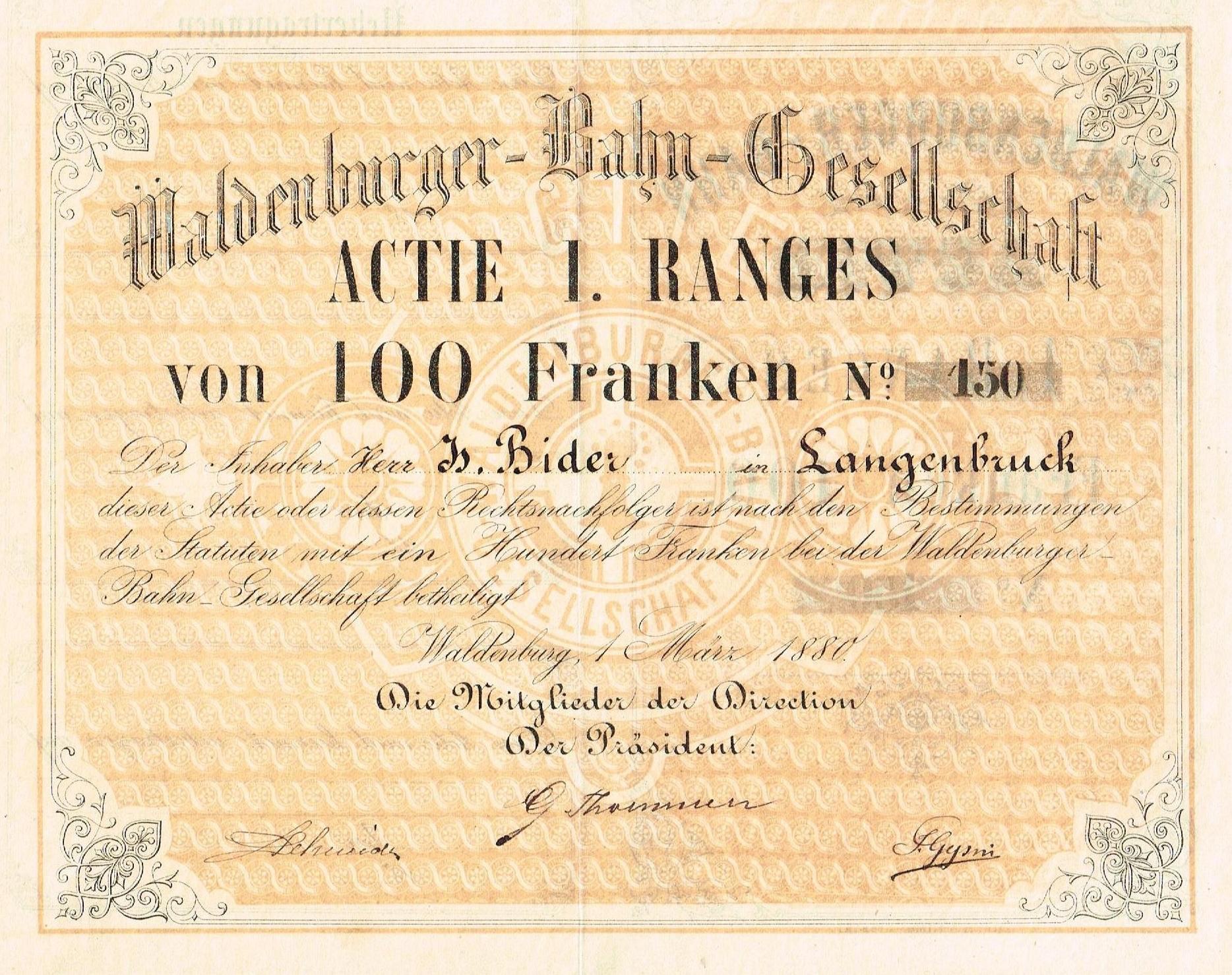 Alte deutsche Banknote mit einem Porträt eines Mannes, mit der Inschrift "Haldenburger-Balm Gesellschaft Actie 1 Ranges".