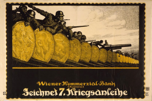 Ein deutsches Propagandaplakat aus dem Zweiten Weltkrieg, das eine Gruppe von Helmetträgern mit Waffen zeigt, mit dem Text 'Wiener Kommmerzial Bank' unten.