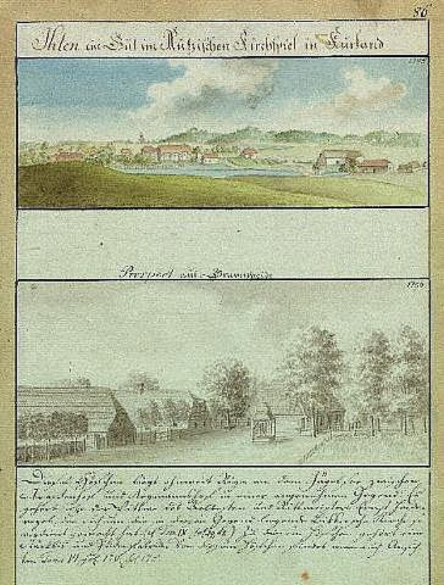 Ein altes Illustration von einer Dorflandschaft mit dem Titel "München, Deutschland, 1750-1790, Landschaft mit Blick auf die Stadt München", das Bäume, Häuser, Gras und einen bewölkten Himmel zeigt.