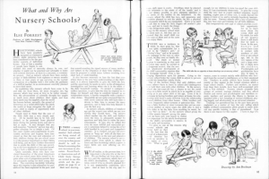 Offenes Buch mit Text und Illustrationen, einschließlich einer Zeichnung von Kindern, die in einer Kita spielen, und einer Tabelle mit verschiedenen Gegenständen.