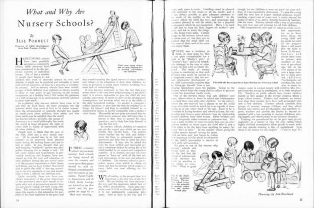 Offenes Buch mit Text und Illustrationen, einschließlich einer Zeichnung von Kindern, die in einer Kita spielen, und einer Tabelle mit verschiedenen Gegenständen.