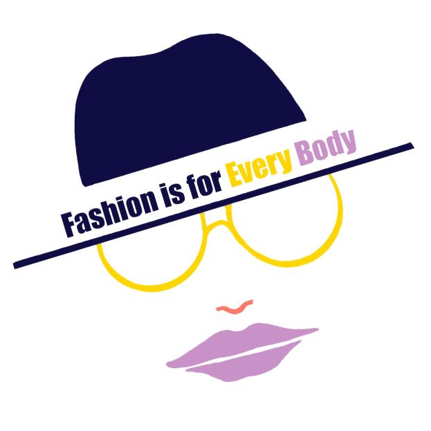 Logo mit stilisiertem Gesicht und dem Text "Fashion is for Every Body" darunter, das Inklusivität in der Mode fördert.